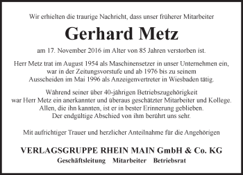 Traueranzeige von Gerhard Metz von Trauerportal Rhein Main Presse