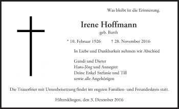 Traueranzeige von Irene Hoffmann von Trauerportal Echo Online