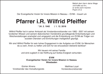 Traueranzeige von Wilfrid Pfeiffer von Trauerportal Rhein Main Presse