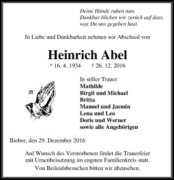 Traueranzeige von Heinrich Abel von  Gießener Anzeiger