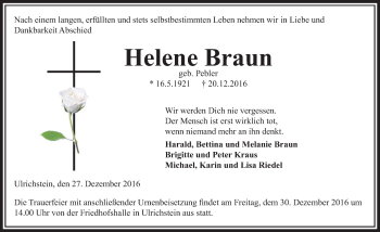 Traueranzeige von Helene Braun von VRM Trauer