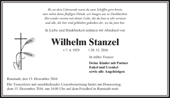 Traueranzeige von Wilhelm Stanzel von  Kreisanzeiger