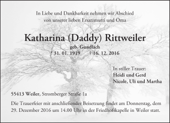 Traueranzeige von Katharina  Rittweiler von Trauerportal Rhein Main Presse