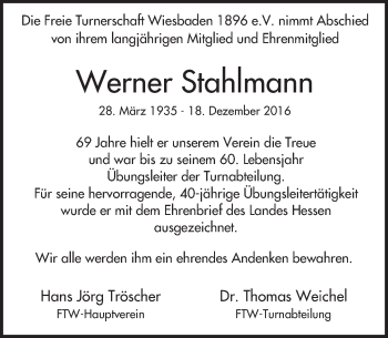 Traueranzeige von Werner Stahlmann von Trauerportal Rhein Main Presse