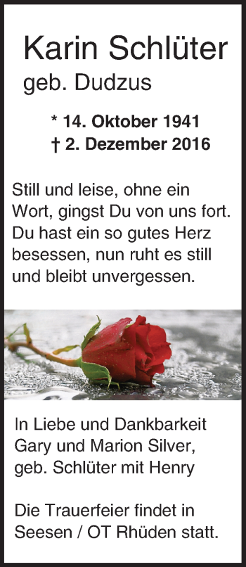 Traueranzeige von Karin Schlüter von  Usinger Anzeiger