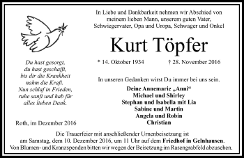 Traueranzeige von Kurt Töpfer von  Gelnhäuser Tageblatt