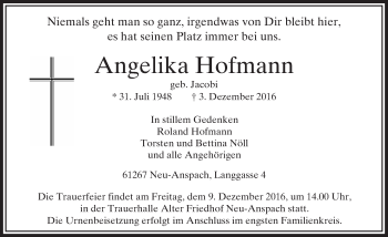 Traueranzeige von Angelika Hofmann von  Usinger Anzeiger Traueranzeige von Angelika Hofmann von  Usinger Anzeiger