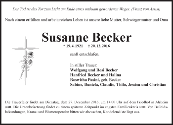 Traueranzeige von Susanne Becker von Trauerportal Rhein Main Presse
