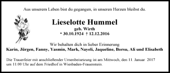 Traueranzeige von Lieselotte Hummel von Trauerportal Rhein Main Presse