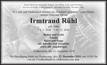 Traueranzeige von Irmtraud Rühl von VRM Trauer