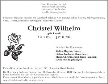 Traueranzeige von Christel Wilhelm von Trauerportal Rhein Main Presse