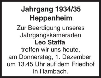 Traueranzeige von Leo Staffa von Trauerportal Echo Online