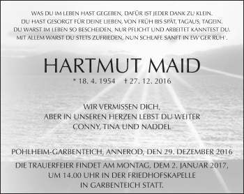 Traueranzeige von Hartmut Maid von  Gießener Anzeiger