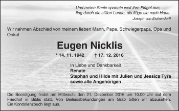 Traueranzeige von Eugen Nicklis von Trauerportal Echo Online