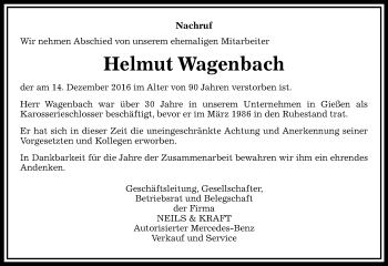 Traueranzeige von Helmut Wagenbach von  Gießener Anzeiger