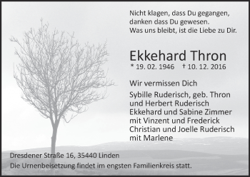 Traueranzeige von Ekkehard Thron von  Gießener Anzeiger