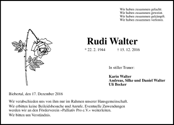 Traueranzeige von Rudi Walter von  Gießener Anzeiger