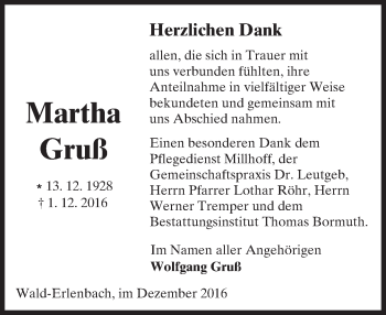 Traueranzeige von Martha Gruß von Trauerportal Echo Online