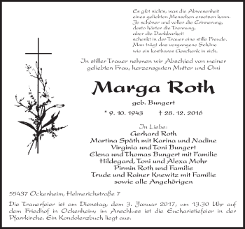 Traueranzeige von Marga Roth von Trauerportal Rhein Main Presse