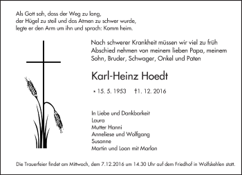 Traueranzeige von Karl-Heinz Hoedt von Trauerportal Echo Online
