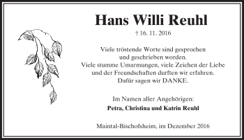 Traueranzeige von Hans Willi Reuhl von  Kreisanzeiger
