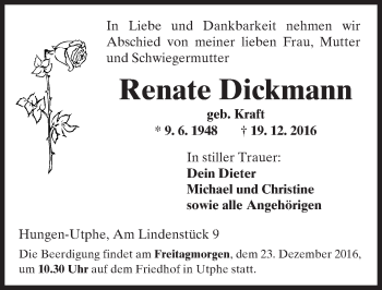 Traueranzeige von Renate Dickmann von  Kreisanzeiger