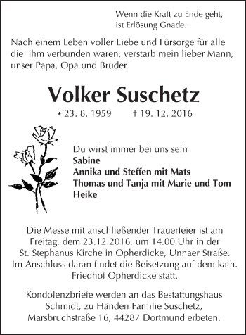 Traueranzeige von Volker Suschetz von Trauerportal Echo Online