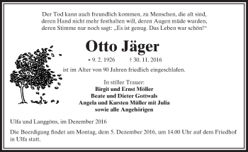 Traueranzeige von Otto Jäger von  Kreisanzeiger