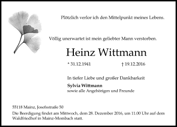 Traueranzeige von Heinz Wittmann von Trauerportal Rhein Main Presse