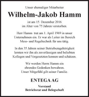 Traueranzeige von Wilhelm-Jakob Hamm von Trauerportal Echo Online