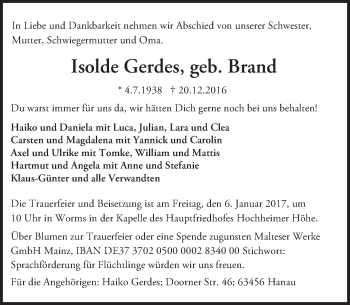 Traueranzeige von Isolde Gerdes von Trauerportal Rhein Main Presse