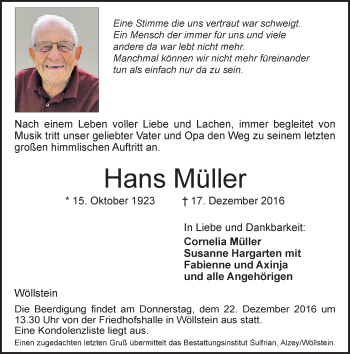 Traueranzeige von Hans Müller von Trauerportal Rhein Main Presse