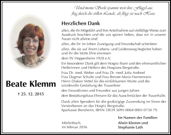 Traueranzeige von Beate Klemm von trauer.echo-online.de