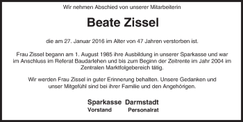 Traueranzeige von Beate Zissel von trauer.echo-online.de