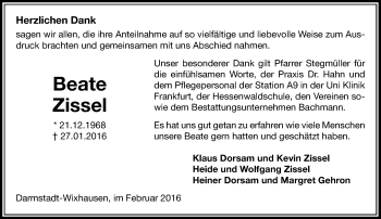 Traueranzeige von Beate Zissel von trauer.echo-online.de