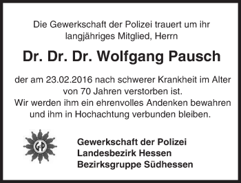 Traueranzeige von Wolfgang Pausch von trauer.echo-online.de