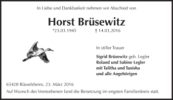 Traueranzeige von Horst Brüsewitz von trauer.echo-online.de
