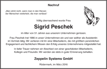 Traueranzeige von Sigrid Peschek von trauer.echo-online.de