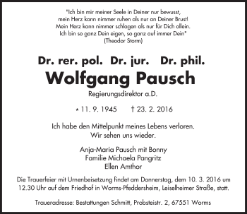 Traueranzeige von Wolfgang Pausch von trauer.echo-online.de