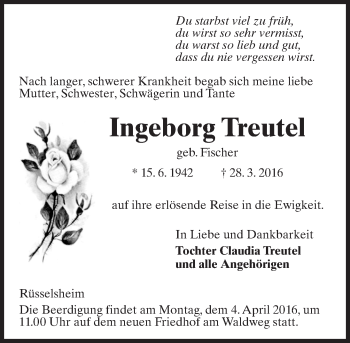 Traueranzeige von Ingeborg Treutel von trauer.echo-online.de