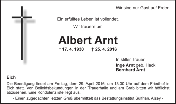 Traueranzeige von Albert Arnt von  Wormser Zeitung