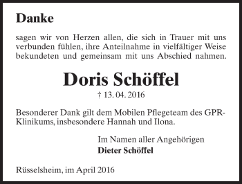 Traueranzeige von Doris Schöffel von  Mainspitze