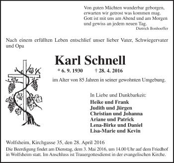 Traueranzeige von Karl Schnell von  Allgemeine  Zeitung Ingelheim-Bingen