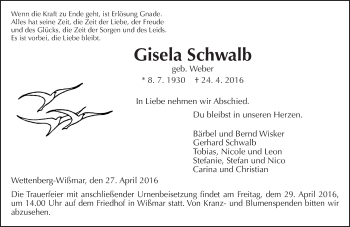 Traueranzeige von Gisela Schwalb von  Gießener Anzeiger