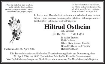 Traueranzeige von Hiltrud Ostheim von  Kreisanzeiger