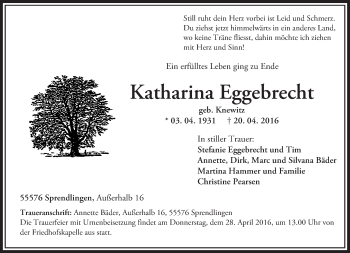 Traueranzeige von Katharina Eggebrecht von  Allgemeine  Zeitung Ingelheim-Bingen