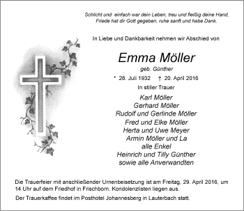 Traueranzeige von Emma Möller von VRM Trauer