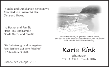 Traueranzeige von Karla Rink von  Gießener Anzeiger