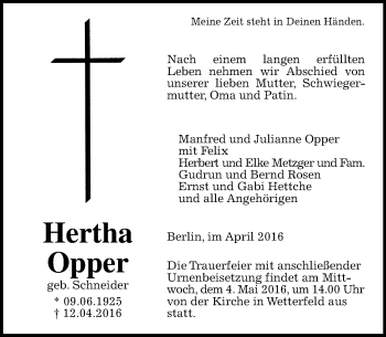 Traueranzeige von Hertha Opper von  Gießener Anzeiger
