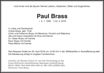 Traueranzeige von Paul Brass von Trauerportal Echo Online